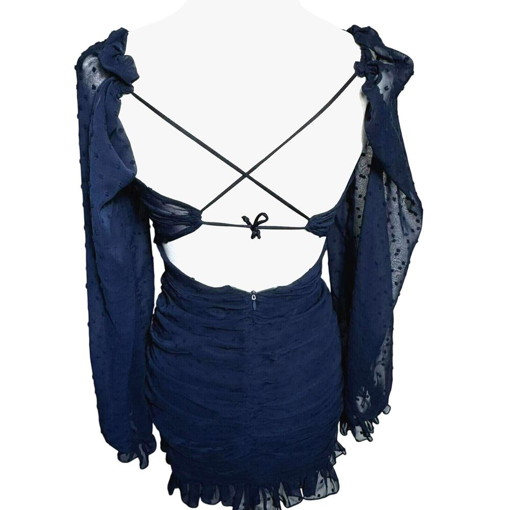 LUCY IN THE SKY XS Navy Blue Mini Dress Ruched Swiss Dot Sheer Balloon Sleeves - Picture 6 of 9